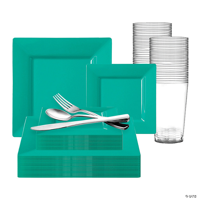 Sea Aqua Square Disposable Plastic Dinnerware Value Set (60 Settings) Image