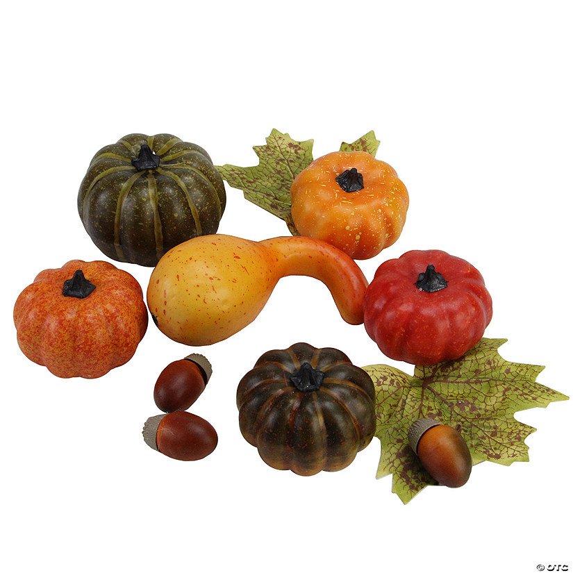 Set of 10 Autumn Harvest Artificial Pumpkin, Gourd, Acorn and Leaf Decoration Set Image