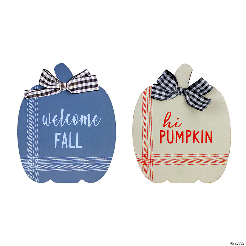 Set of 2 Blue and Beige Fall Harvest Wooden Pumpkin Welcome Plaques 8" Image
