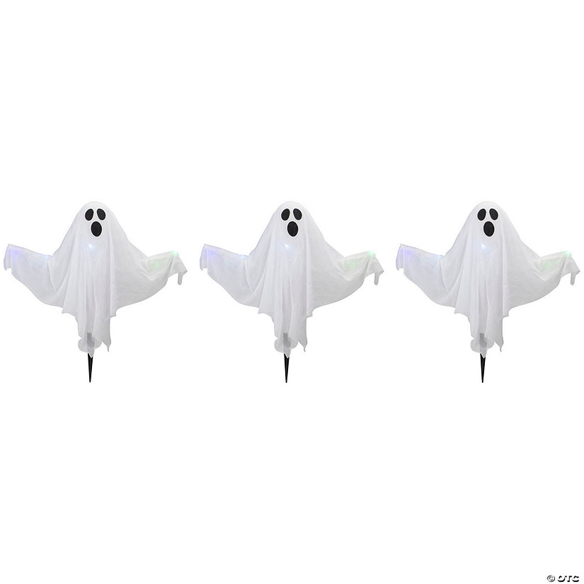 Set of 3 Lighted White Ghost Halloween Lawn Stakes Image