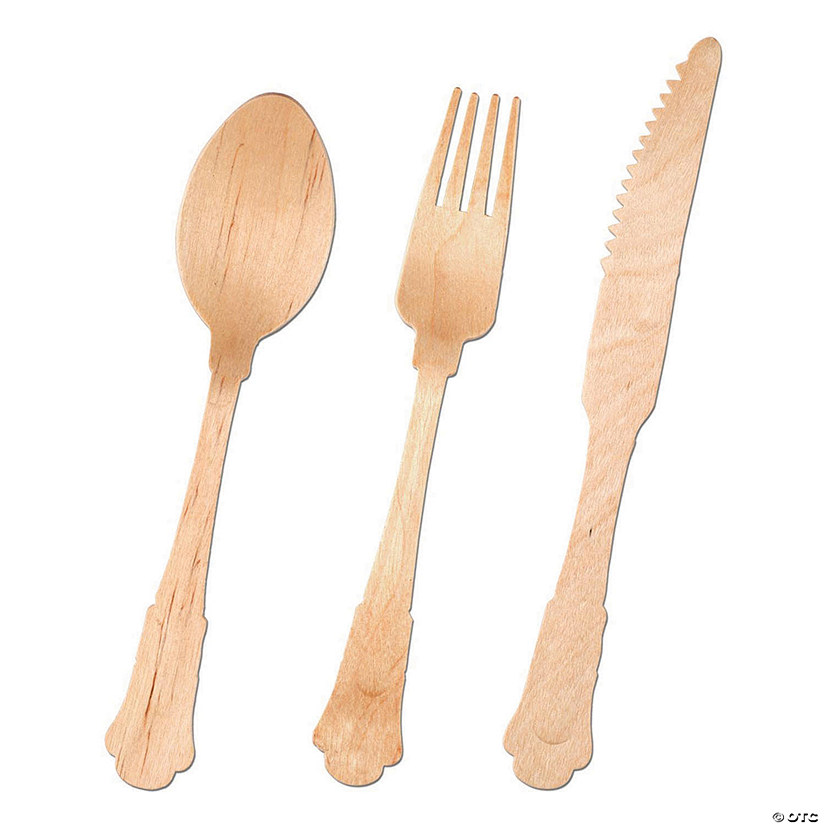 Silhouette Birch Wood Eco Friendly Disposable Wooden Cutlery Set - Spoons, Forks and Knives (75 Guests) Image