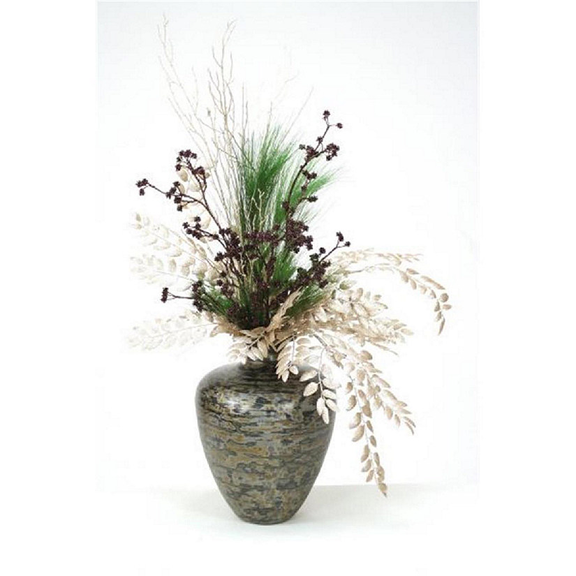 Silver & Brown Glittered Branches with Greens in Tortoise Finish Vase Image