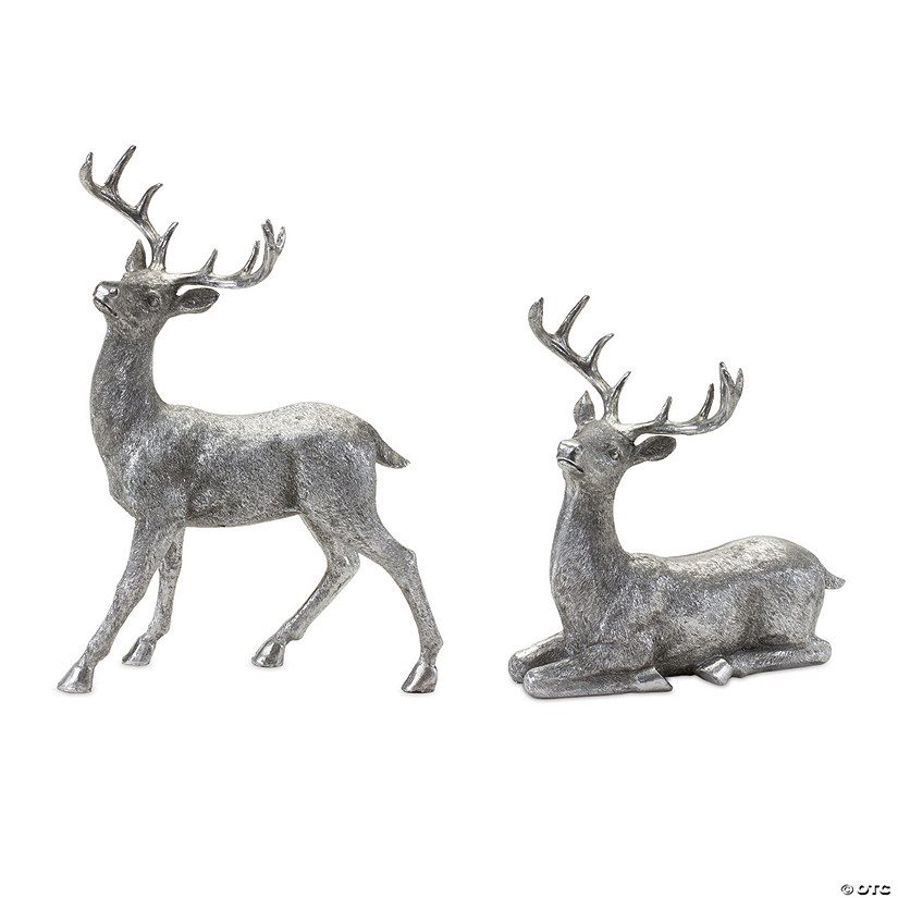 Silver Deer Statue (Set Of 2) 9"L X 9.5"H, 9.25"L X 13.25"H Resin Image