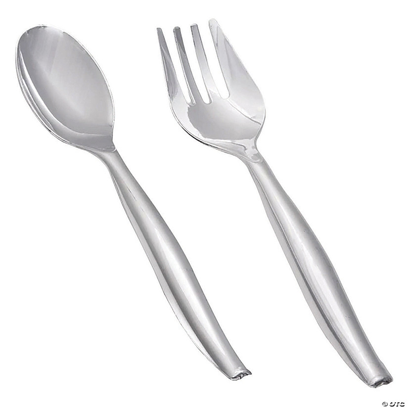 Silver Disposable Plastic Serving Flatware Set - Serving Spoons and Serving Forks (55 Pairs) Image