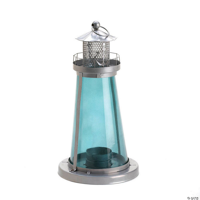 Silver Lighthouse With Blue Glass Candle Lantern 5X5X9.5" Image