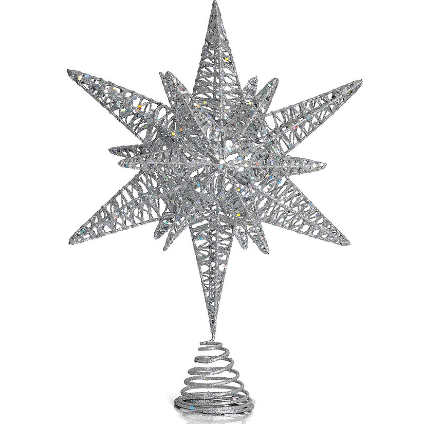 Silver Star Tree Topper Christmas Silver 3D Glitter Star Ornament Treetop Decoration Image