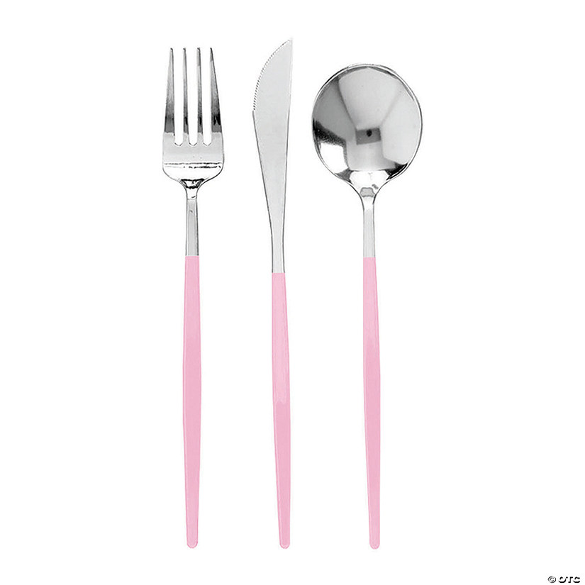 Silver with Pink Handle Moderno Disposable Plastic Dinner Forks (240 Forks) Image