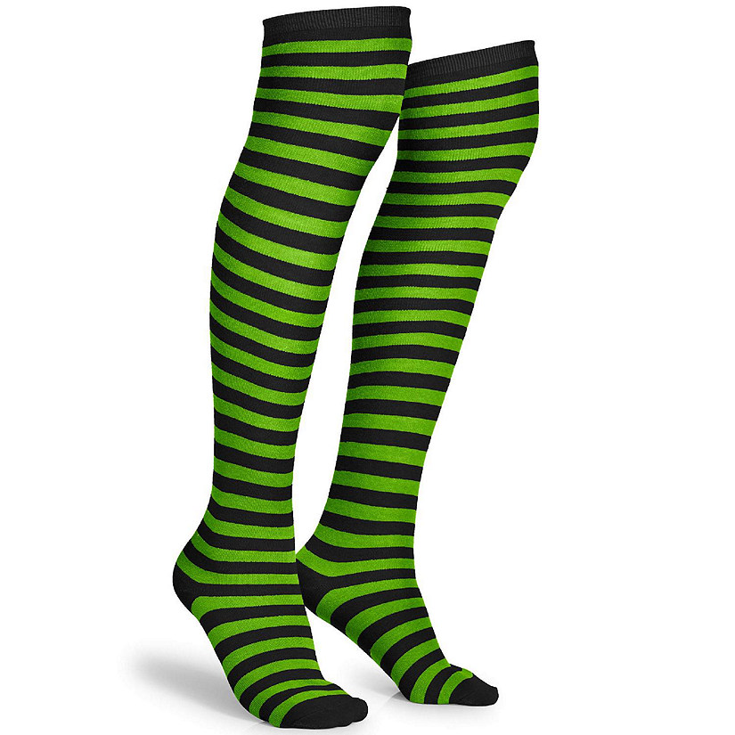 Skeleteen Black and Green Socks - Over The Knee Striped Thigh High Costume Accessories Stockings for Men, Women and Kids Image