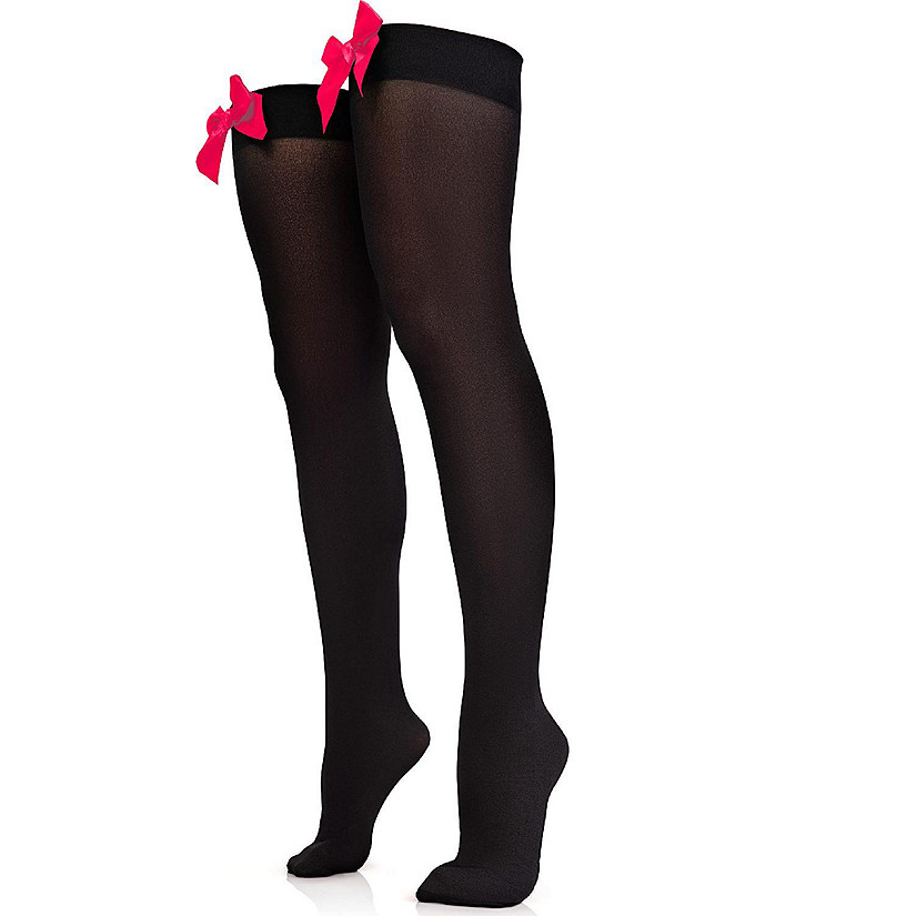 Skeleteen Bow Accent Thigh Highs - Black Over the Knee High Stockings with Red Satin Ribbon Bow Accent for Women and Girls Image