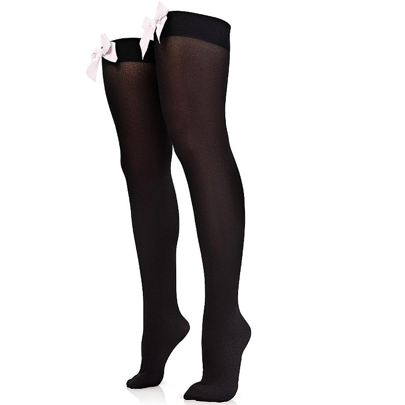 Skeleteen Bow Accent Thigh Highs - Black Over the Knee High Stockings with White Satin Ribbon Bow Accent for Women and Girls Image