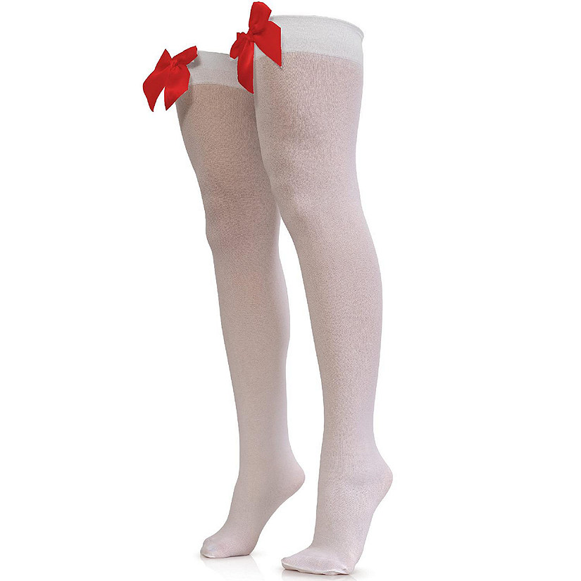 Skeleteen Bow Accent Thigh Highs - White Over the Knee High Stockings with Red Satin Ribbon Bow Accent for Women and Girls Image