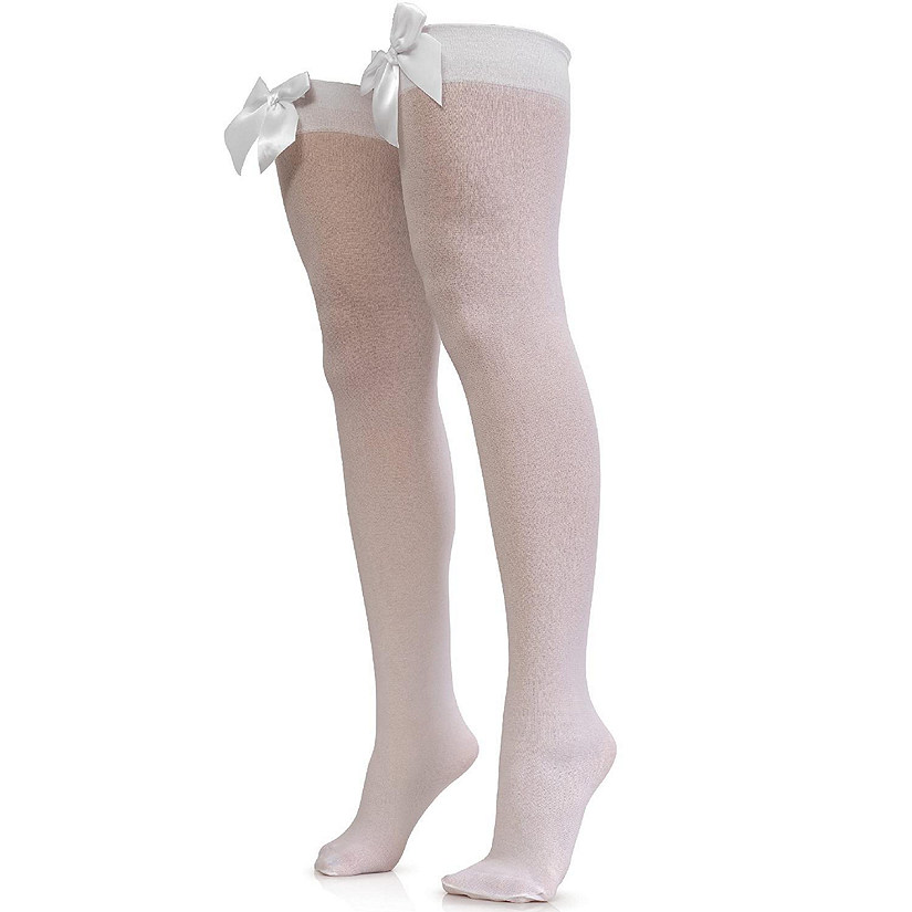 Skeleteen Bow Accent Thigh Highs - White Over the Knee High Stockings with White Satin Ribbon Bow Accent for Women and Girls Image