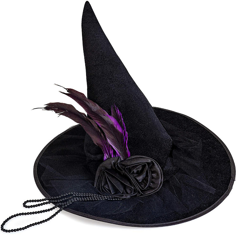 Skeleteen Deluxe Pointed Witch Hat - Glamorous Black Witches Accessories Fancy Velvet Hat with Flowers, Beads and Purple Feathers Image