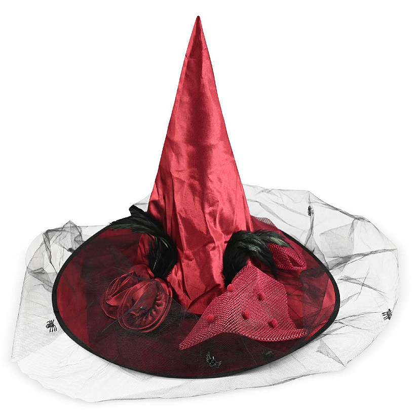 Skeleteen Deluxe Pointed Witch Hat - Glamorous Red Witches Accessories Fancy Satin Hat with Bow, Spiders and Black Feathers Image