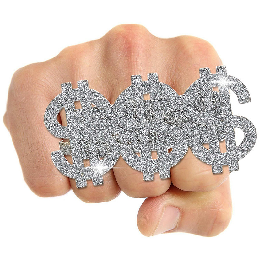 Skeleteen Dollar Sign Costume Ring - Money Symbol Jewelry Three Finger Gangster Ring for Men and Women Image