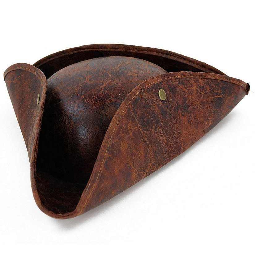 Skeleteen Faux Leather Pirate Hat - Brown Distressed Leather Colonial Style Tricorn Hat Image