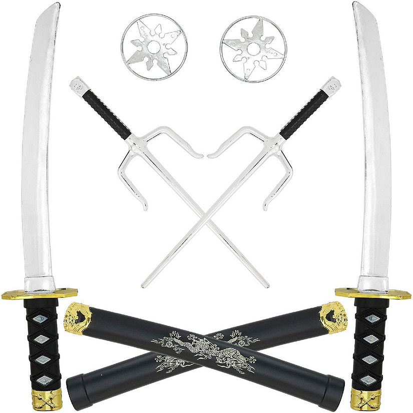 Skeleteen Ninja Weapons Toy Set - Fighting Warrior Weapon Costume Set with Katana Swords, Sai Daggers, and Shuriken Stars - 6 Pieces Image