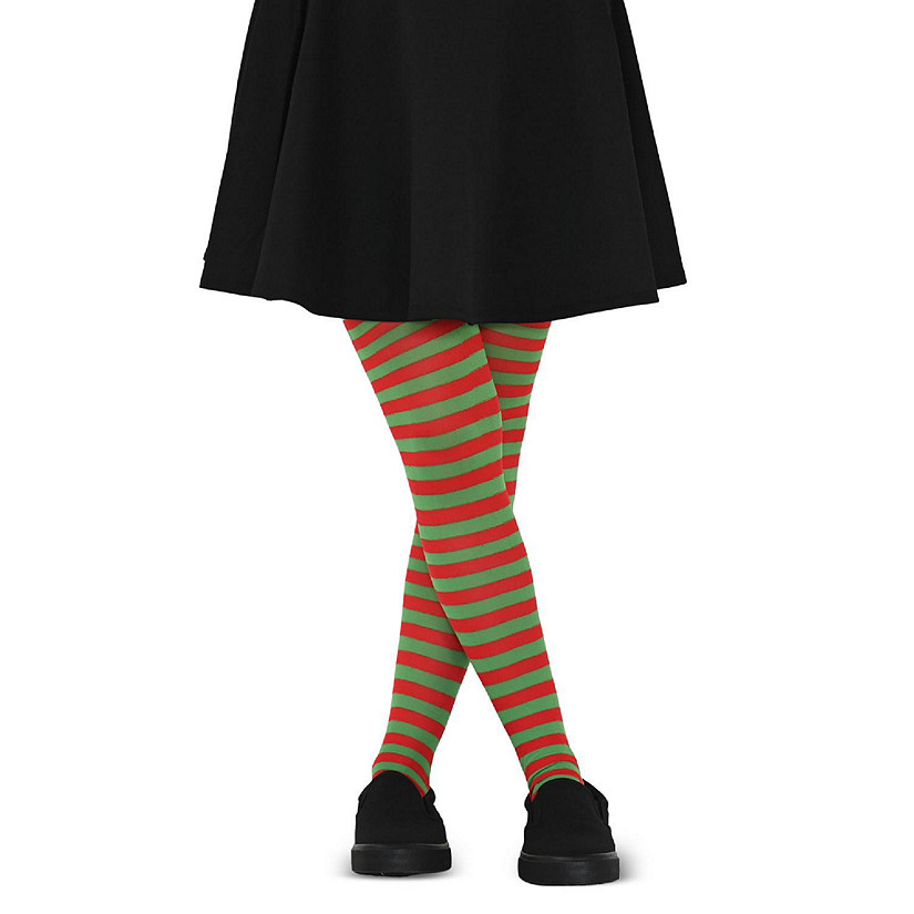 Skeleteen Red and Green Tights - Striped Nylon Christmas Elf Stretch Stocking Accessories for Every Day and Costumes for Men, Women and Teens Image