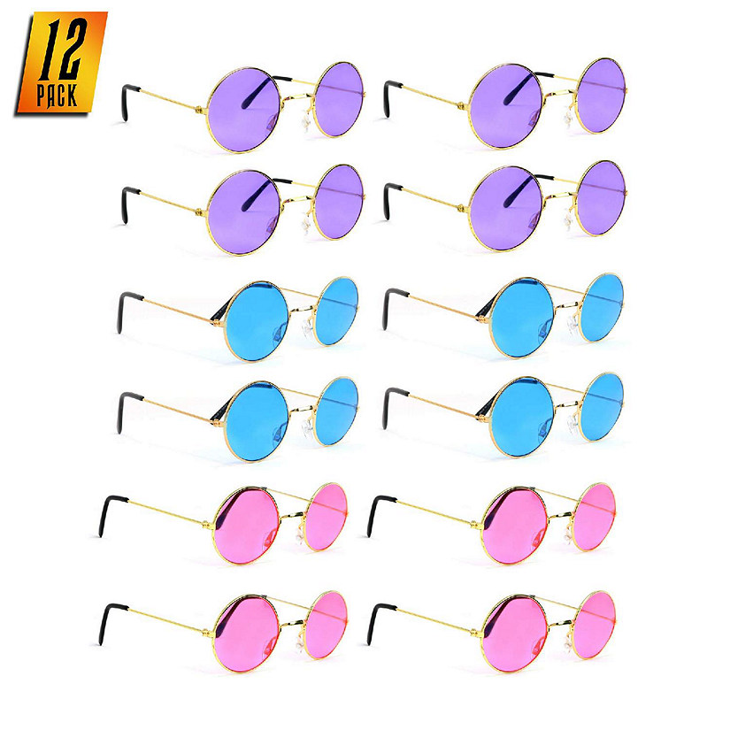 Skeleteen Tinted Round Hippie Glasses Pink Purple and Blue 60's Style Hipster Circle Sunglasses - 12 Pairs Image