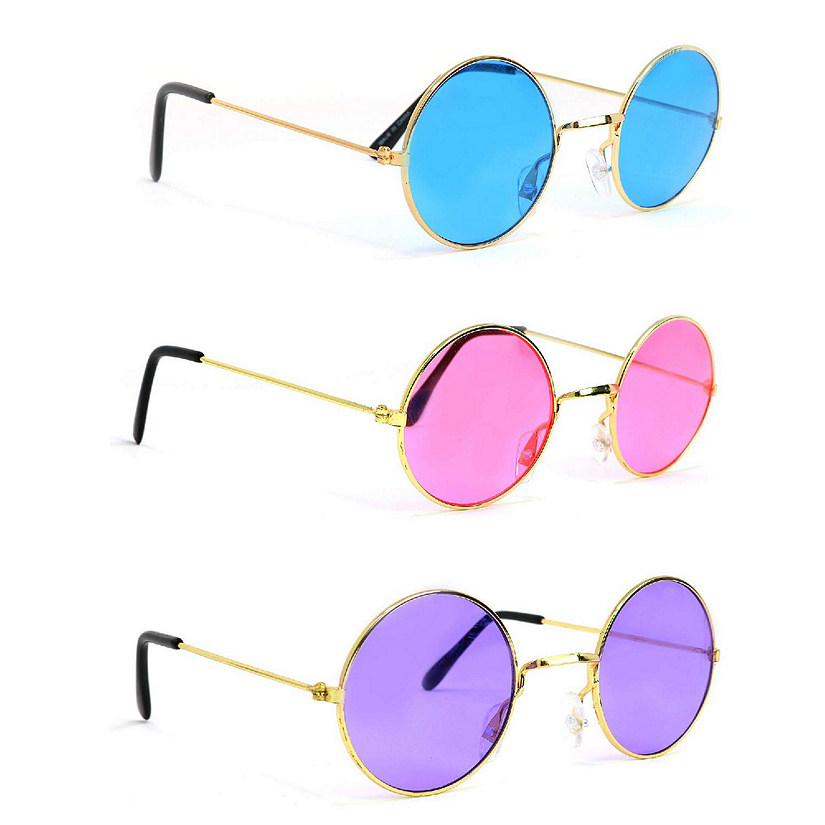 Skeleteen Tinted Round Hippie Glasses Pink Purple and Blue 60's Style Hipster Circle Sunglasses - 3 Pairs Image