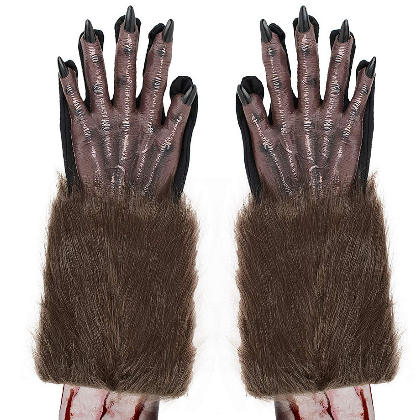 Skeleteen Werewolf Hand Costume Gloves - Brown Hairy Wolf Claw Hands Paws Monster Costume Accessories for Kids and Adults Image