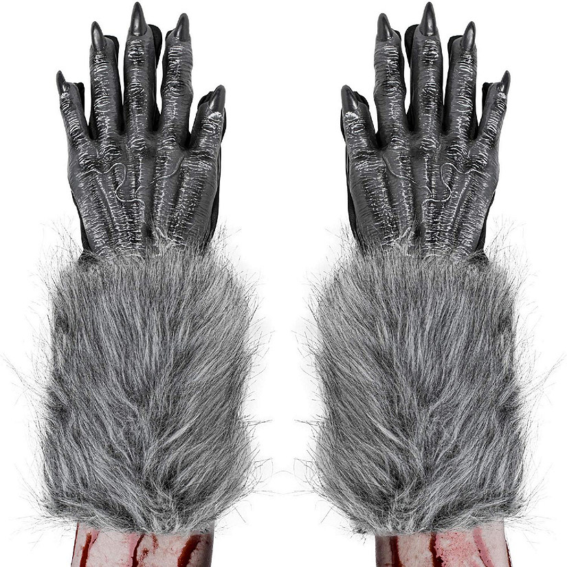 Skeleteen Werewolf Hand Costume Gloves - Grey Hairy Wolf Claw Hands Paws Monster Costume Accessories for Kids and Adults Image