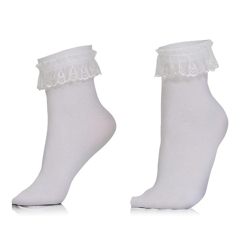 Skeleteen White Ruffled Anklet Socks - Frilly White Opaque Lace Ruffles Top Trim Crew Sock Image