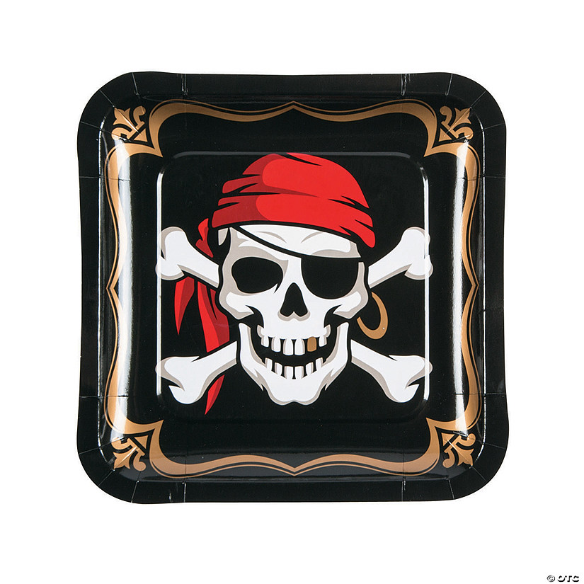 Skull & Crossbones Pirate Party Square Paper Dinner Plates - 8 Ct. Image