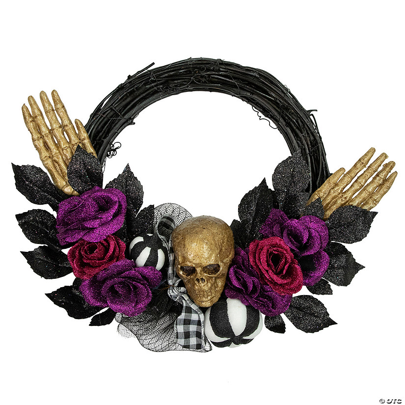 Skull with Hands and Purple Roses Halloween Twig Wreath  22-Inch  Unlit Image