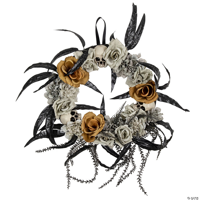 Skulls with Orange and Gray Roses Halloween Wreath  14-Inch  Unlit Image