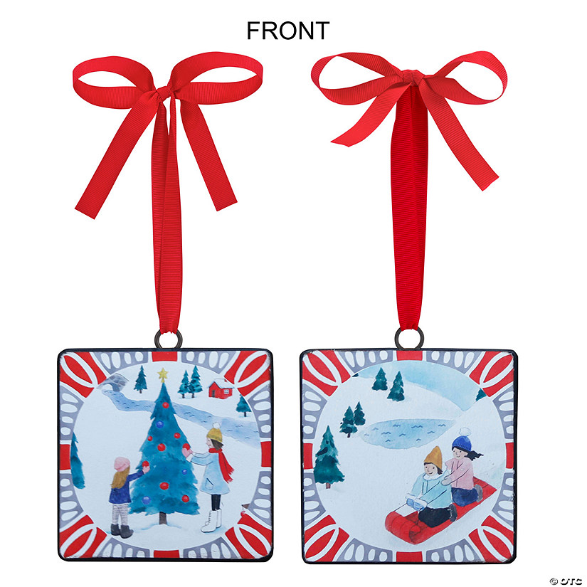 Sledding And Christmas Tree Ornament (Set Of 12) 5"Sq Iron Image