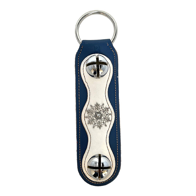 Snowflake Charm Blue White Natural Leather Sleigh Bell Door Hanger Made in USA Image