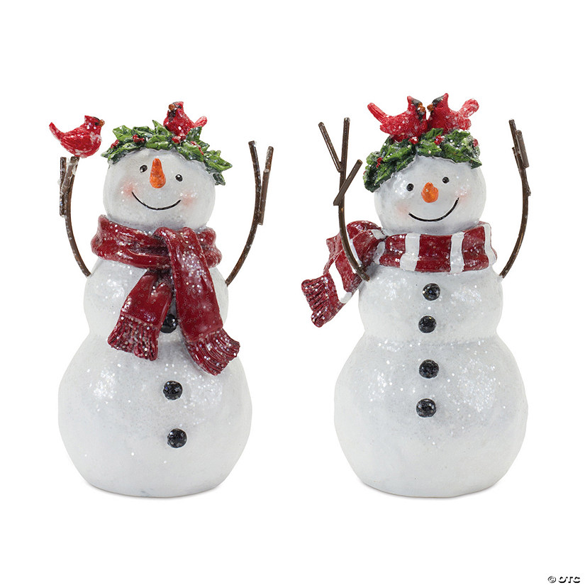 Snowman Figurine With Cardinal Accents (Set Of 2) 7"H Resin Image