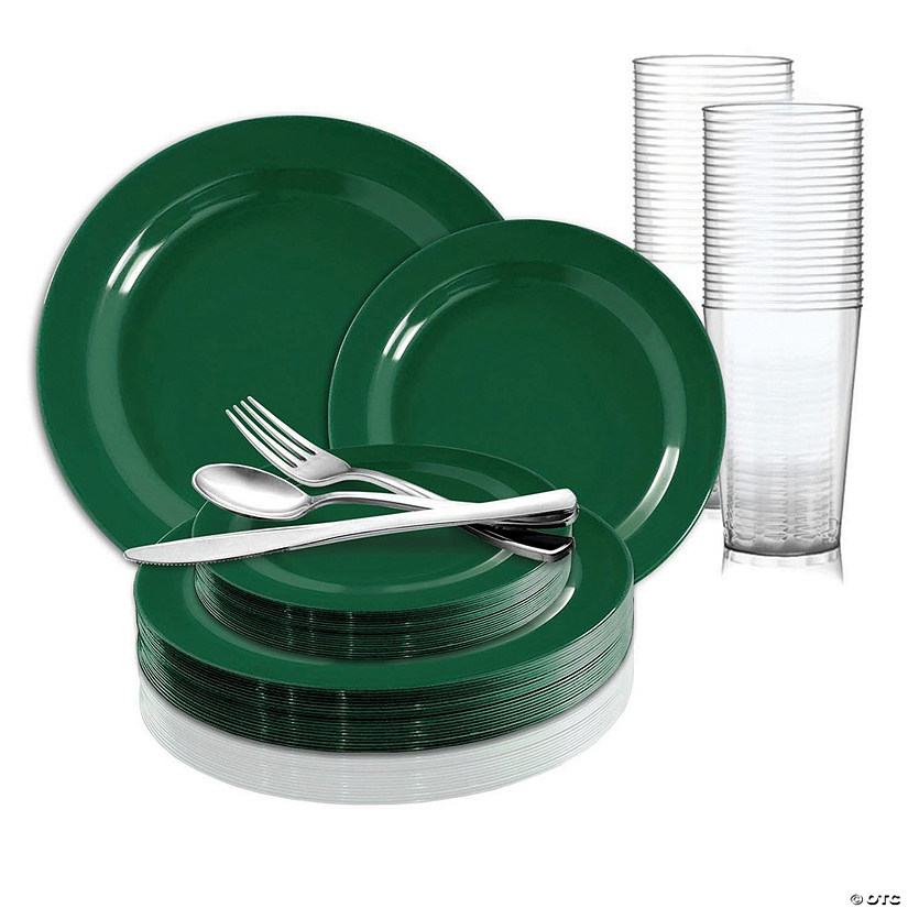 Solid Green Holiday Round Disposable Plastic Dinnerware Value Set (120 Settings) Image