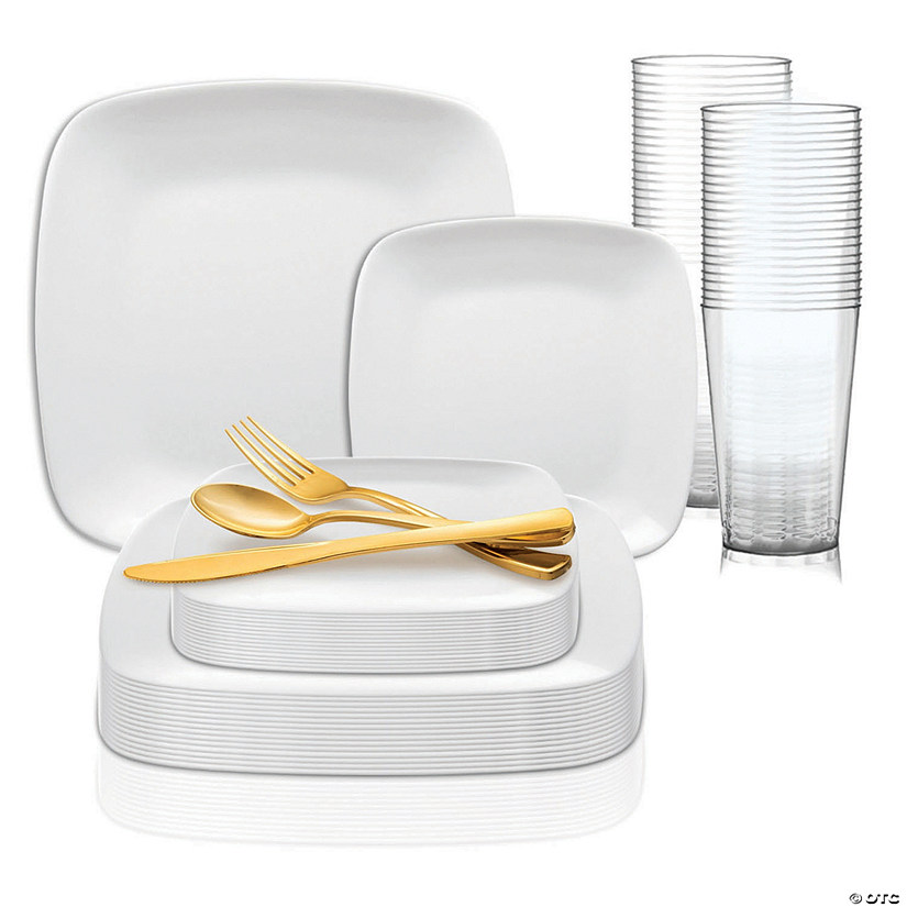 Solid White Flat Rounded Square Disposable Plastic Dinnerware Value Set (20 Settings) Image