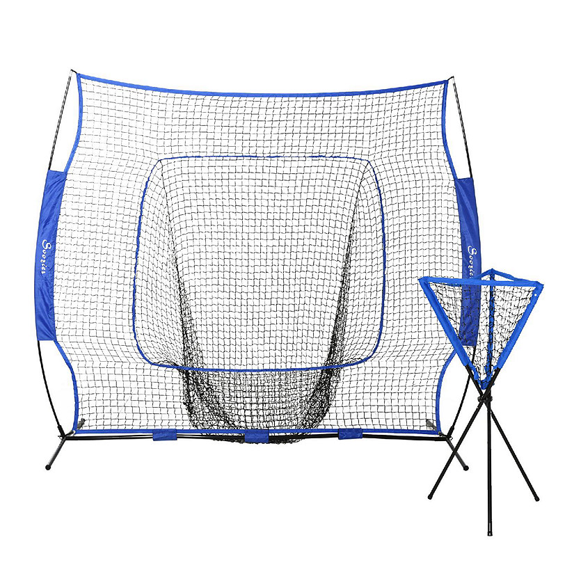 Soozier 7'x7' Baseball Practice Set w/ Catcher Net and Tee Stand for Pitching Fielding Practice Hitting Batting Backstop Blue Image