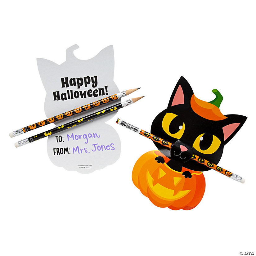 Spooky Eyes & Jack-O&#8217;-Lantern Pencils with Black Cat Halloween Card for 24 Image