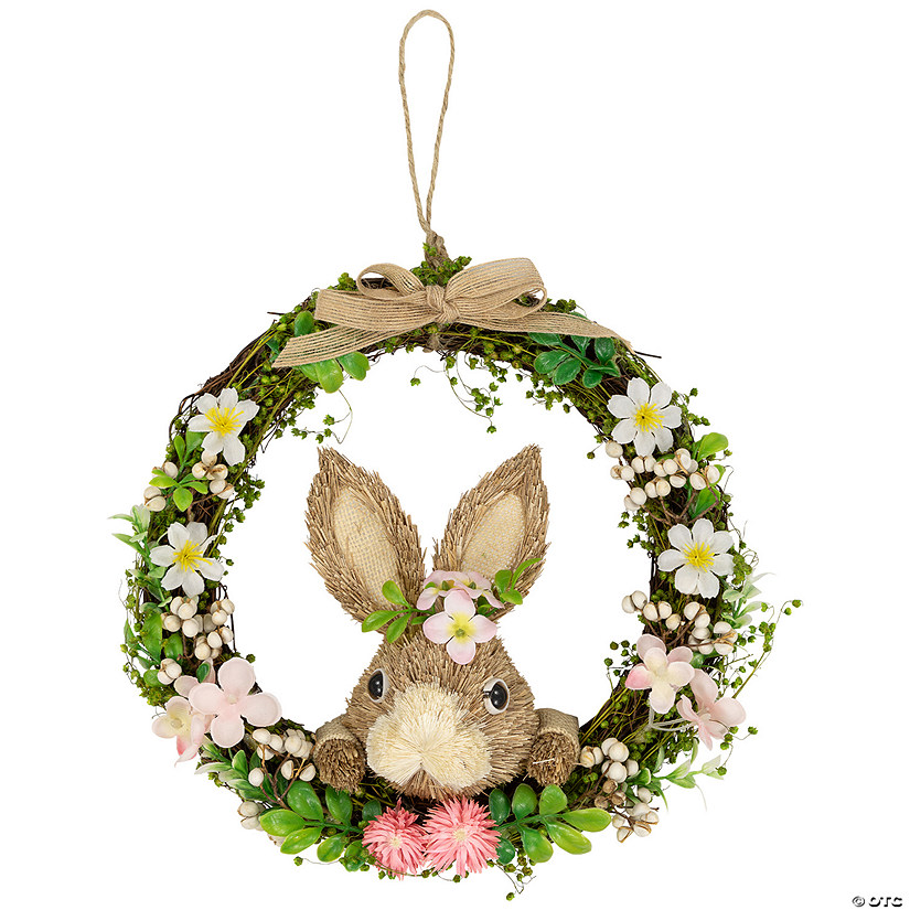 Spring Floral Easter Wreath with Peering Rabbit - 11" - Green and Pink Image