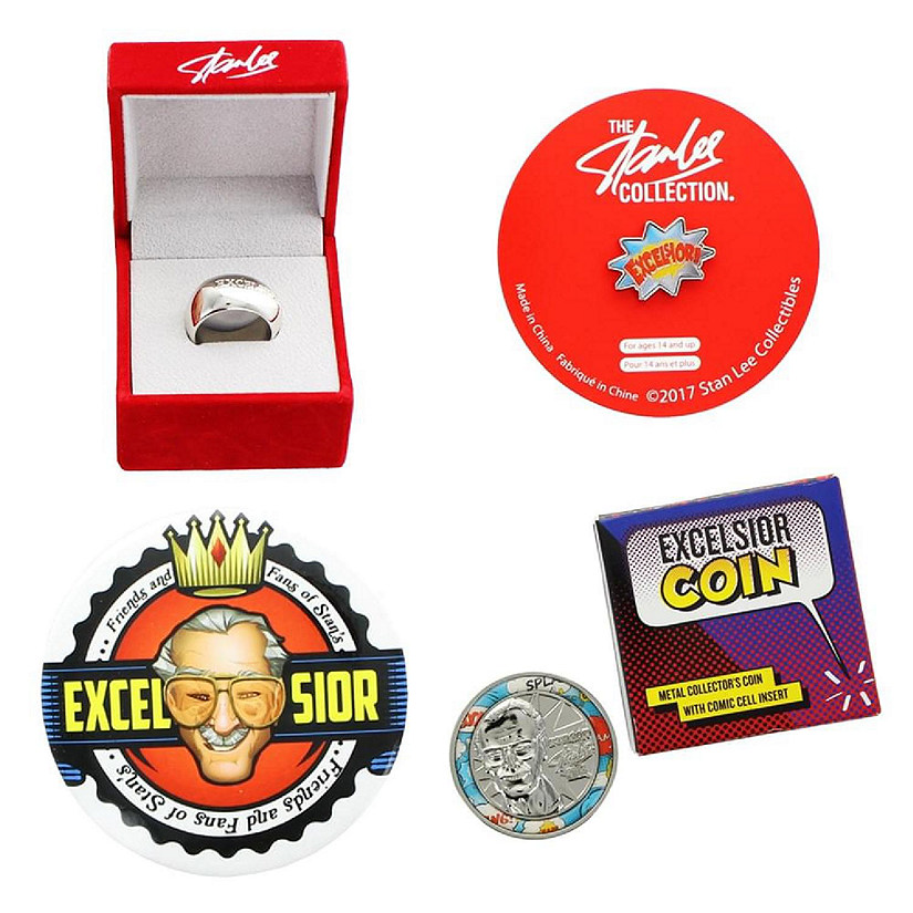 Stan Lee Excelsior 4 Piece Set with Coin, Button Pin, Enamel Pin, & Ring Image