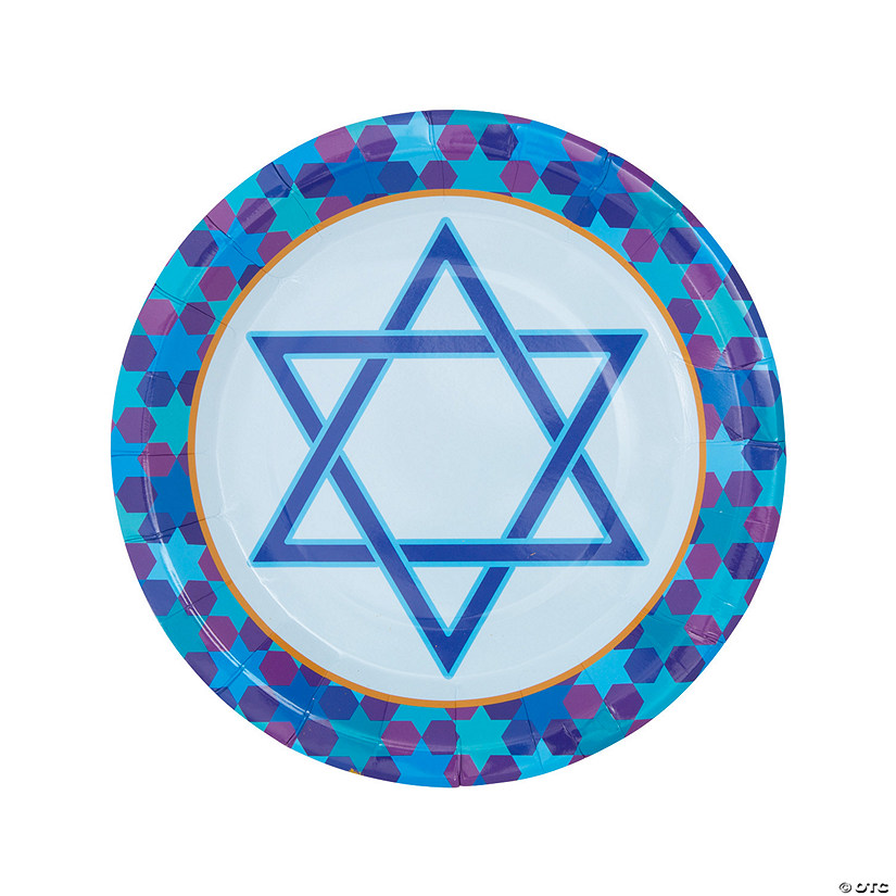 Star of David Paper Dinner Plates with Blue Star Trim &#8211; 8 Ct. Image