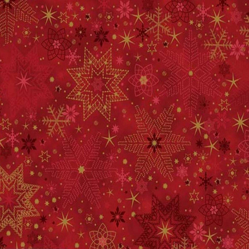 Star Sprinkle Snowflakes Red Gold Cotton Fabric by Stof sold by the yard Image