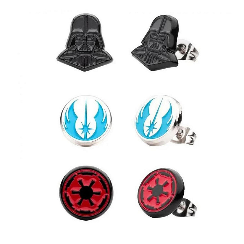 Star Wars 3 Pack Earring Set, Lola - Droid, Inquisitor logo and Obi Wan Com Device. Image