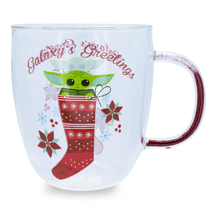 Star Wars: The Mandalorian Grogu Holiday Glitter Handle Glass Mug   14 Ounces Image