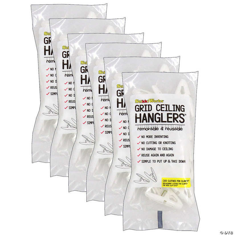StikkiWorks Grid Ceiling Hanglers Clothes Pin Clamps, 20 Per Pack, 6 Packs Image