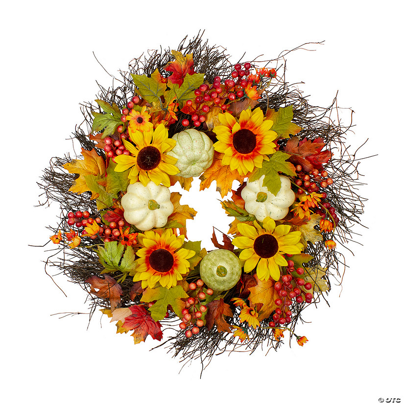 Sunflowers and Gourds Artificial Thanksgiving Wreath - 26-Inch  Unlit Image