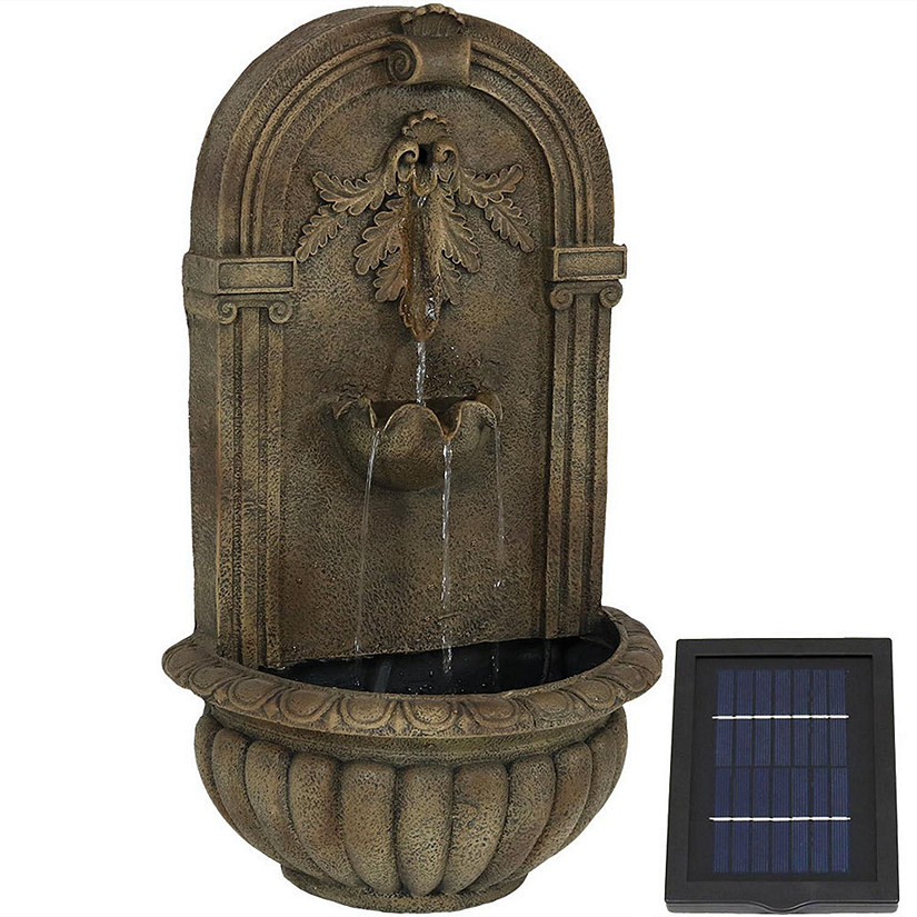 Sunnydaze 27"H Solar-Powered Polystone Florence Outdoor Wall-Mount Water Fountain, Florentine Stone Finish Image
