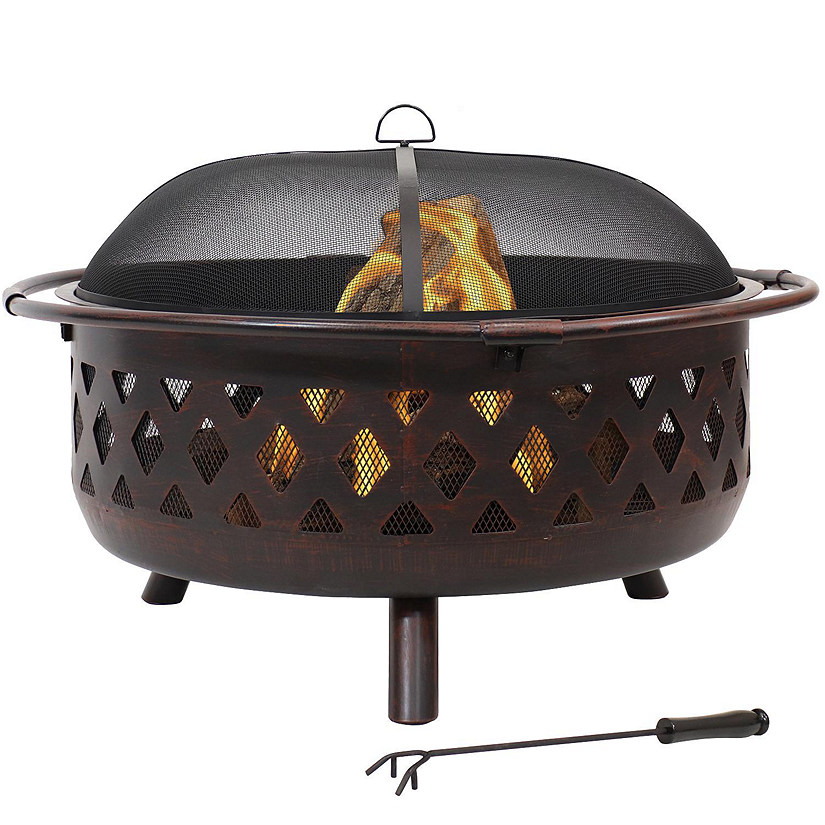 Sunnydaze Outdoor Camping or Backyard Crossweave Cut Out Fire Pit with Spark Screen, Log Poker, and Metal Wood Grate - 36" - Bronze Image