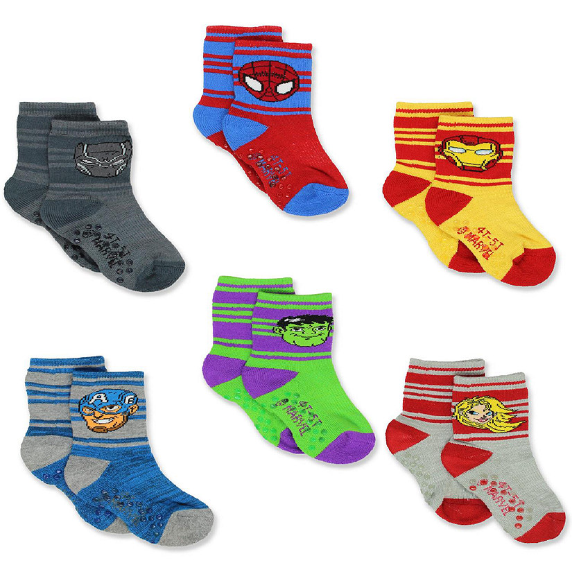 Super Hero Adventures Avengers Kids Toddlers 6 pack Socks with Grippers (4T-5T, Red/Multi) Image