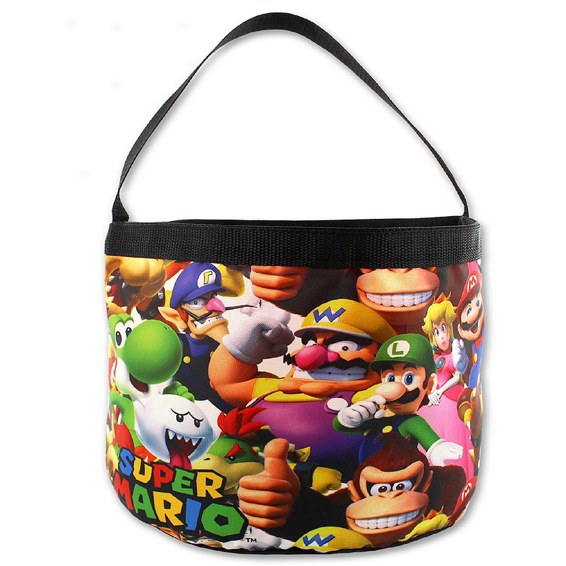 Super Mario Brothers Collapsible Nylon Gift Basket Bucket Toy Storage Tote Bag (One Size, Black/Multi) Image