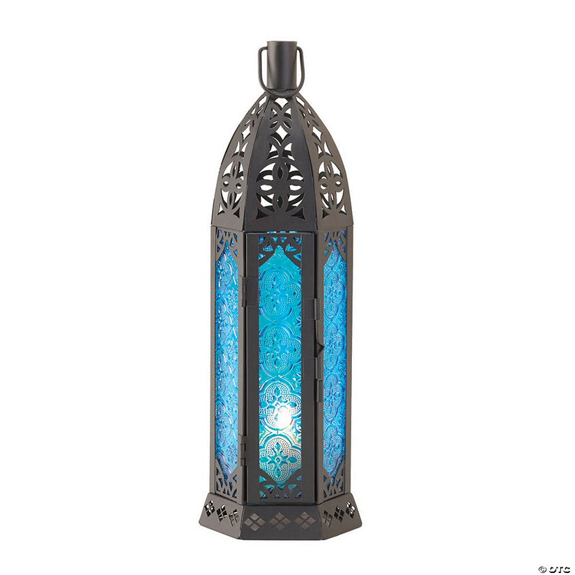 Tall Floret Blue Candle Lantern 13" Image